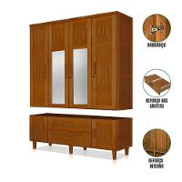 Roupeiro Em Madeira Maciça Imperatriz 4 Portas 2 Porta Com Espelho Castanho - Marrom