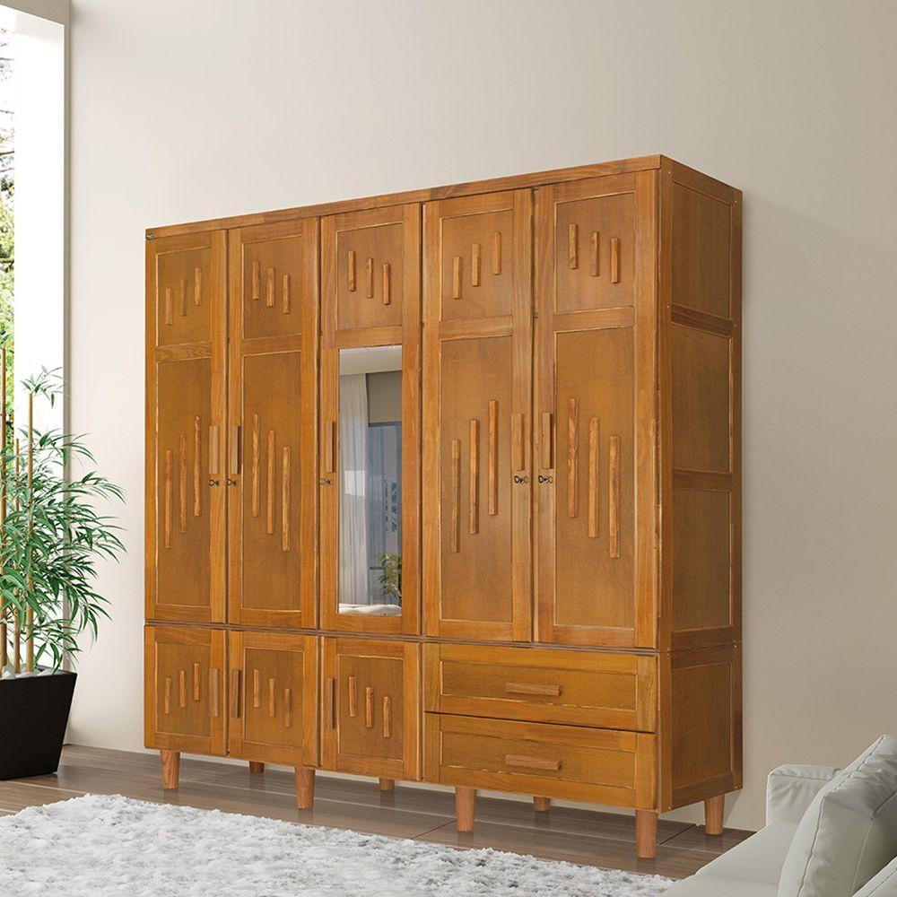 Roupeiro Em Madeira Maciça Imperatriz 5 Portas 1 Porta Com Espelho Imbuia - Marrom - 1