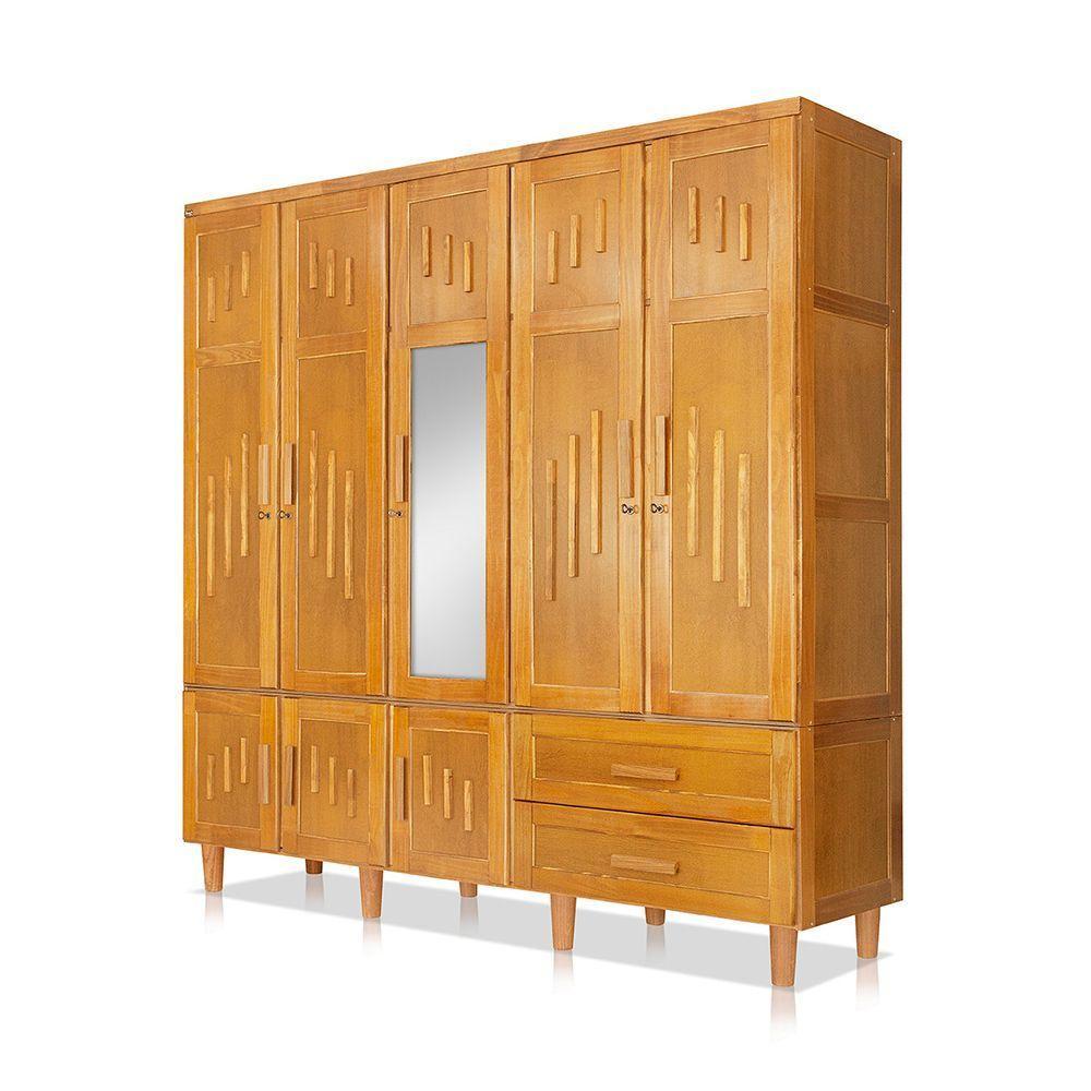 Roupeiro Em Madeira Maciça Imperatriz 5 Portas 1 Porta Com Espelho Imbuia - Marrom - 4