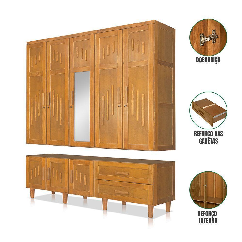 Roupeiro Em Madeira Maciça Imperatriz 5 Portas 1 Porta Com Espelho Imbuia - Marrom - 5