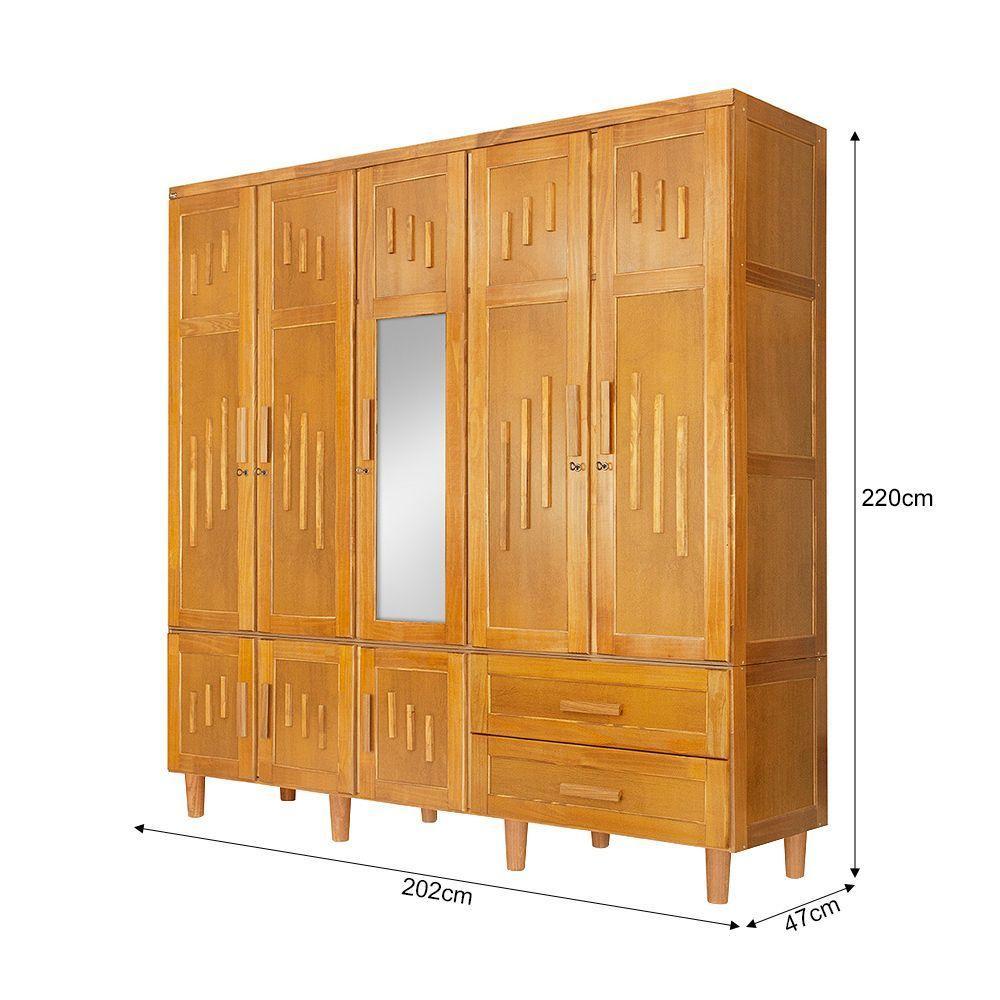 Roupeiro Em Madeira Maciça Imperatriz 5 Portas 1 Porta Com Espelho Imbuia - Marrom - 10