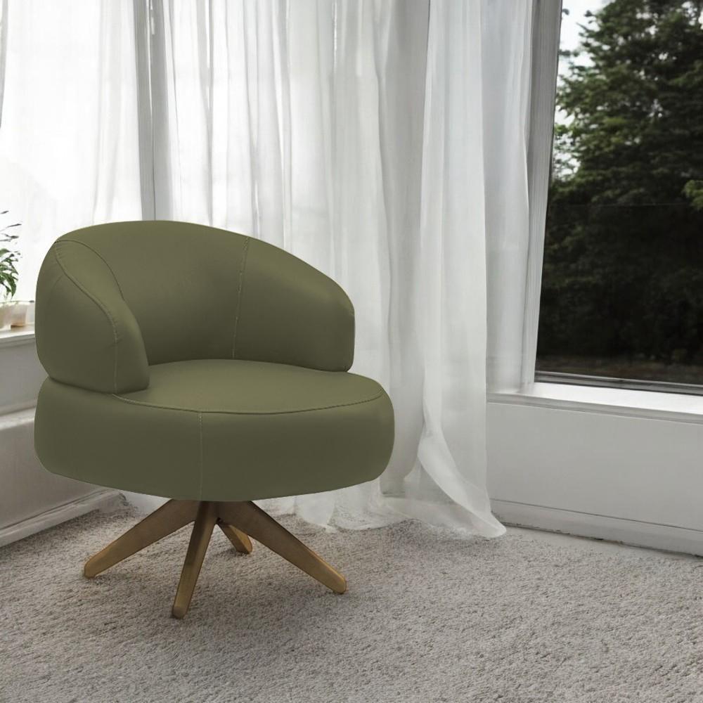 Poltrona Decorativa Katy Sala De Estar Base Giratória Em Madeira Couro Fendi G88 - Gran Belo - 1