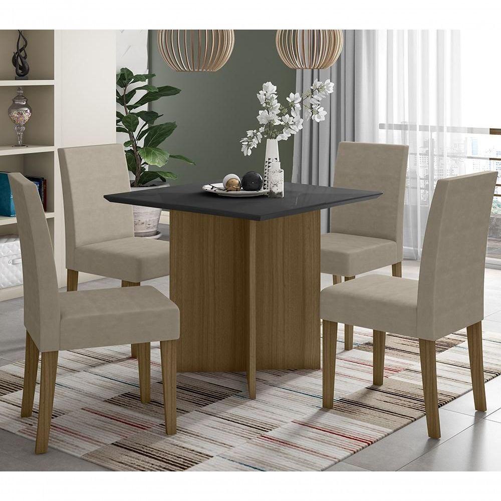 Kit Mesa De Jantar Helo Com Vidro 90x90 Com 4 Cadeiras Josi Carvalho/grafite/preto/fendi Carvalho/grafite/preto/fendi - 4