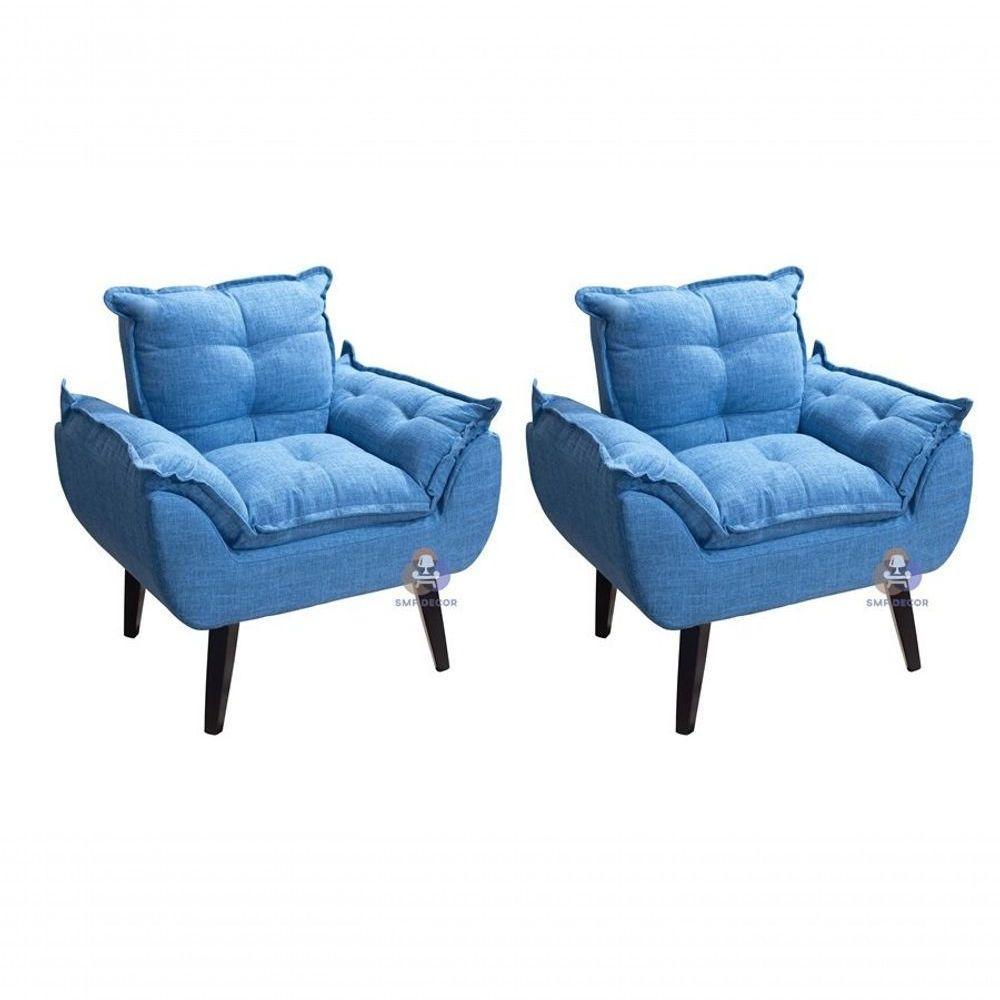 Kit 02 Poltrona/cadeira Decorativa Glamour Com Pés Quadrado Azul Linho - 1