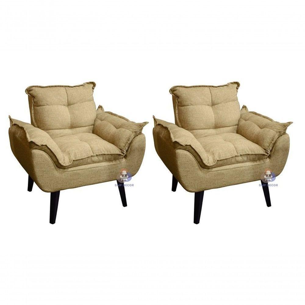 Kit 02 Poltrona/cadeira Decorativa Glamour Com Pés Quadrado Palha - 1