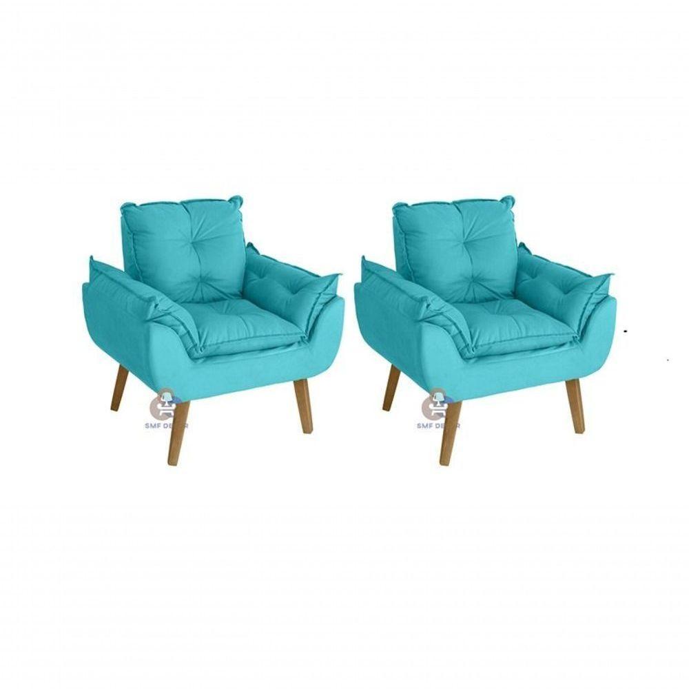 Kit 02 Poltrona/cadeira Decorativa Glamour Com Pés Quadrado Azul Turquesa - 1