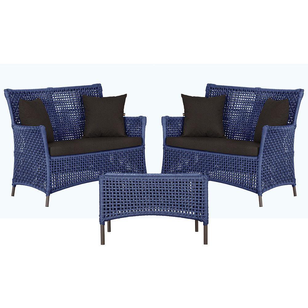 2 Sofás E Mesa Igapó Alumínio Marrom Corda Náutica E9 Trama Azul - 1