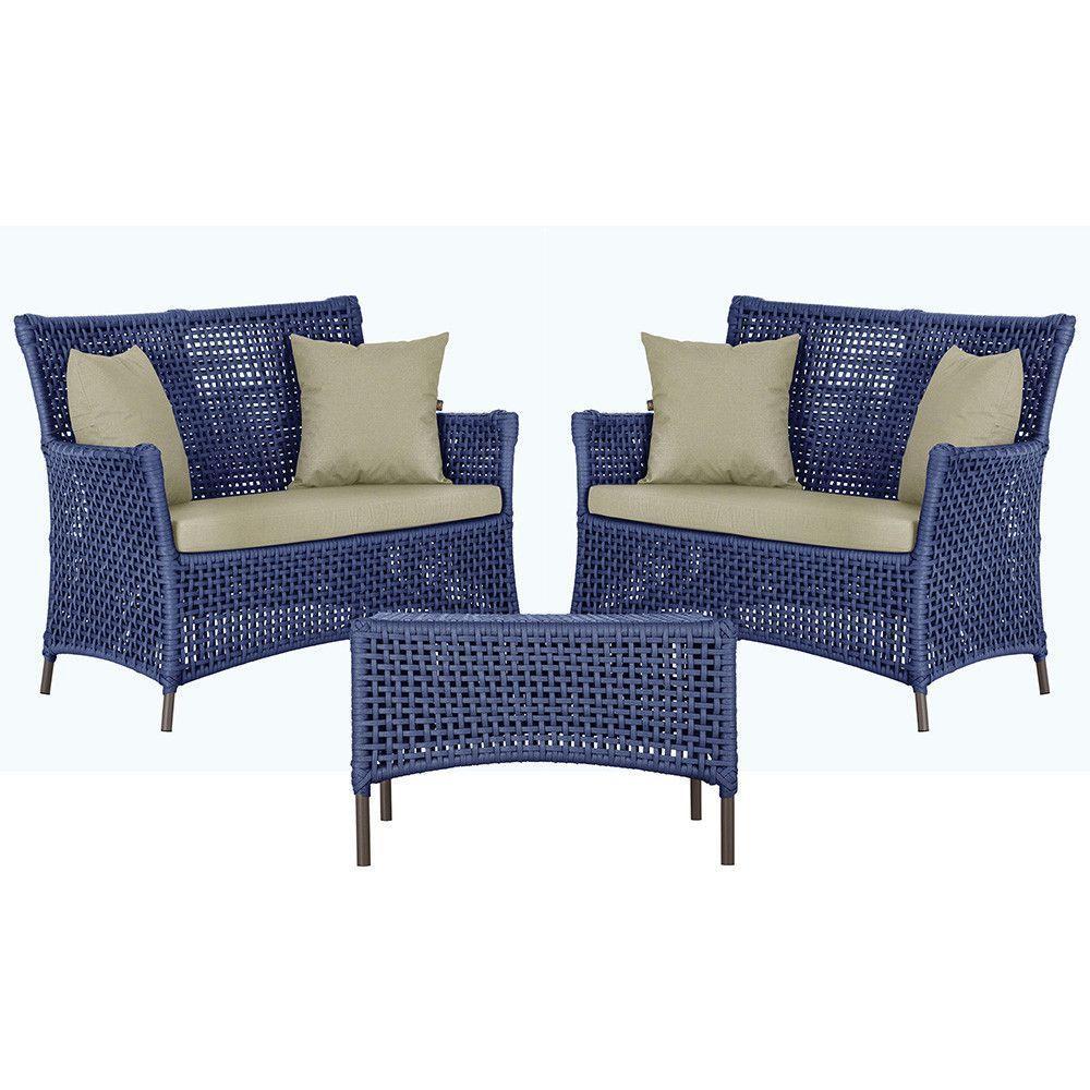 2 Sofás E Mesa Igapó Alumínio Marrom Corda Náutica E7 Trama Azul - 1