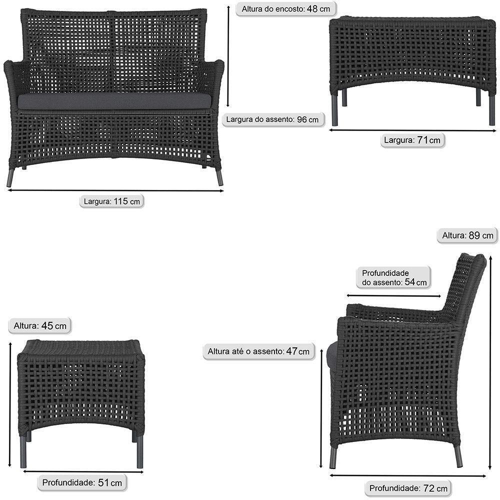 2 Sofás E Mesa Igapó Alumínio Preta Corda Náutica E11 Trama Preto - 6