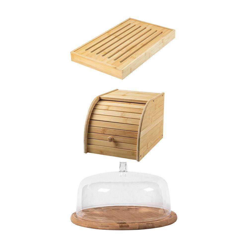 Kit Para Servir Com 01 Migalheira + 01 Porta Pão + 01 Boleira Em Bambu Ou - 1
