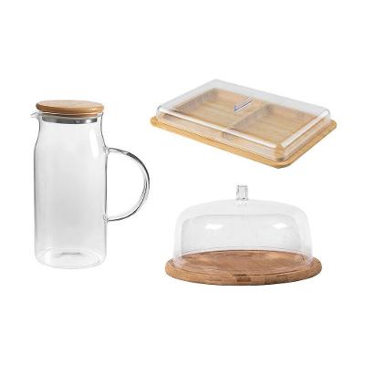Kit para Servir com Jarra de Vidro 1,15L Porta Frios e Boleira em Bambu para Casa Ou