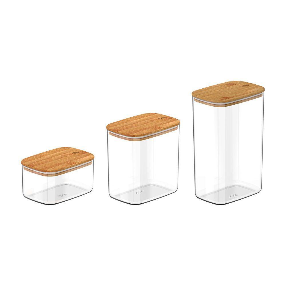 Conjunto De Potes Herméticos Retangular Keep 3 Peças Transparente Com Tampa De Bambu Ou - 1