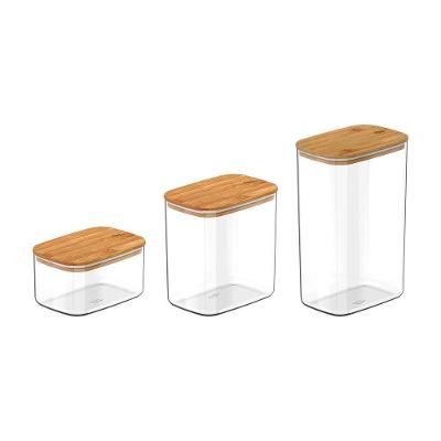 Conjunto de Potes Herméticos Retangulares Keep em Poliestireno com Tampa de Bambu Transparente Ou
