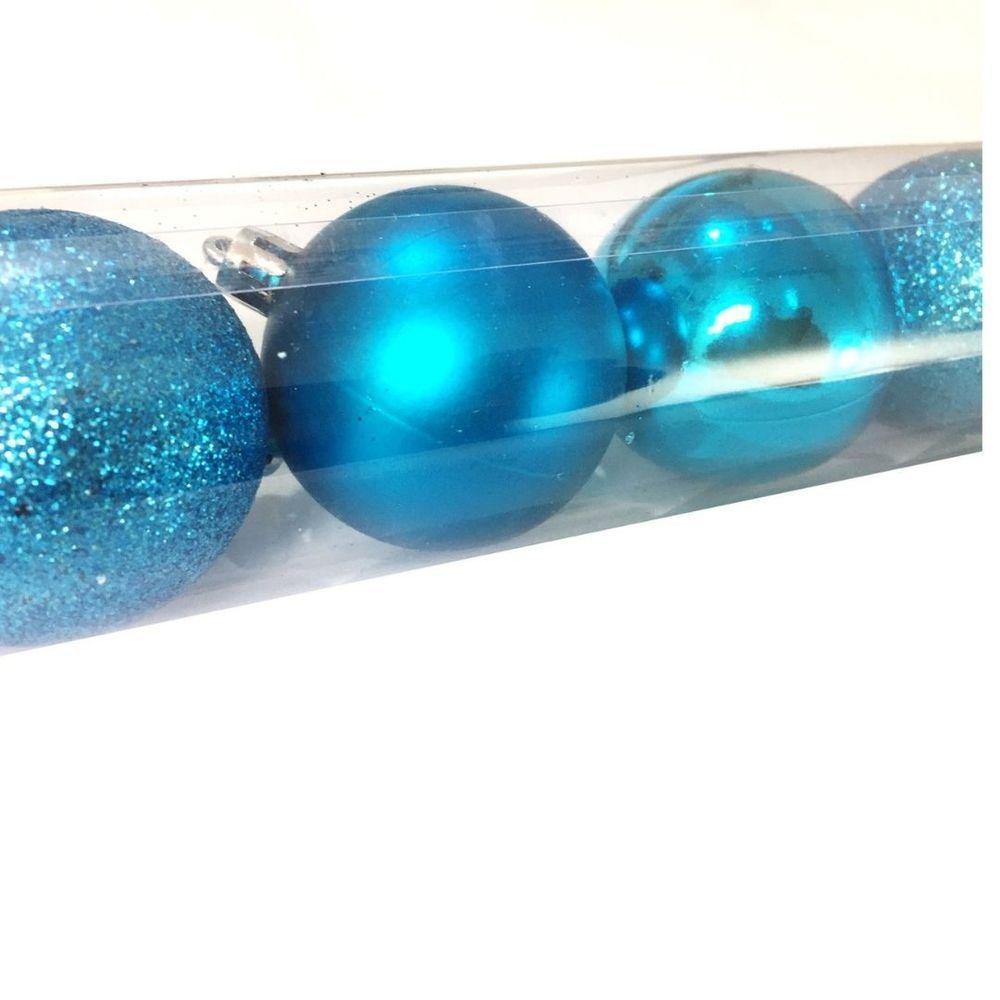 Kit 6 Bolas Natal Mista Glitter, Fosca, Lisa Azul Turquesa 8cm - Master Christmas - 4