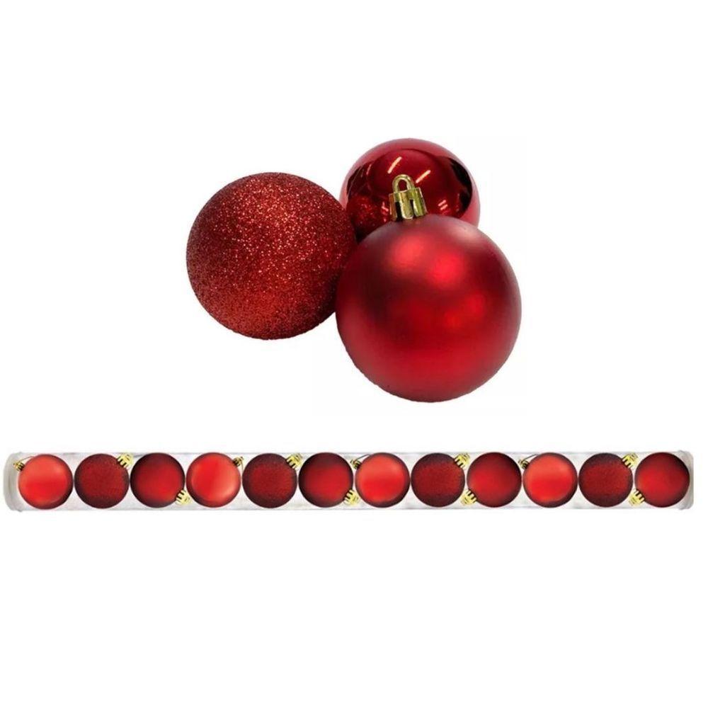 Kit 12 Bolas De Natal Mista Fosca, Lisa E Glitter Vermelha 5cm - Master Christmas - 1