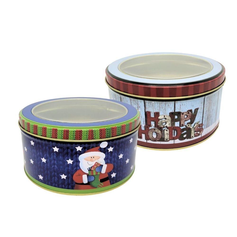 Jogo 2 Latas Metal Redonda Natal Decoradas Papai Noel Com Visor 800ml - Art Christmas - 1