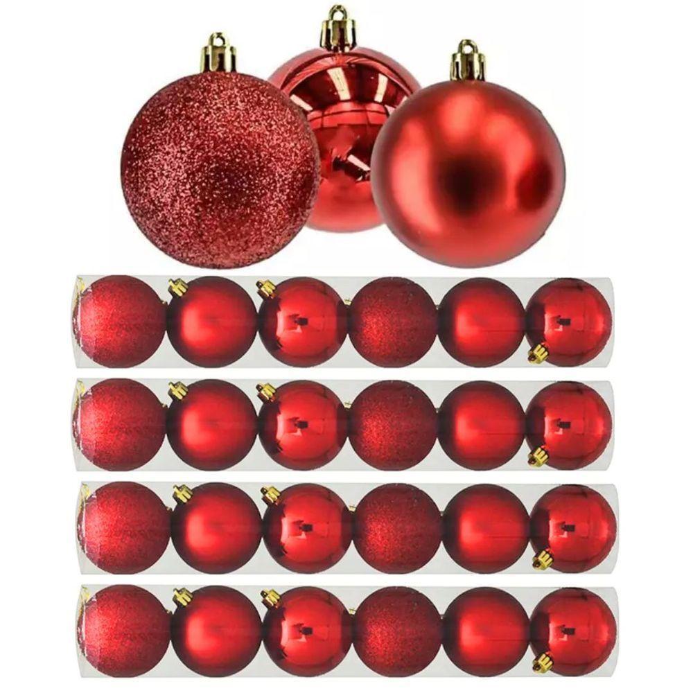 Kit 24 Bolas Natal Mista Glitter, Fosca, Lisa Vermelha 7cm - Master Christmas - 1