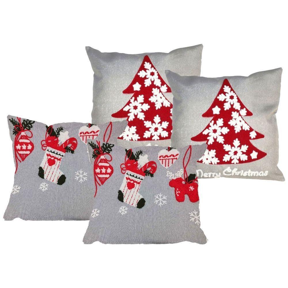 Jogo 4 Capas De Almofada Natalina Cinza Claro Brilho Bordado Felpudo Premium 45x45cm - Magizi - 1