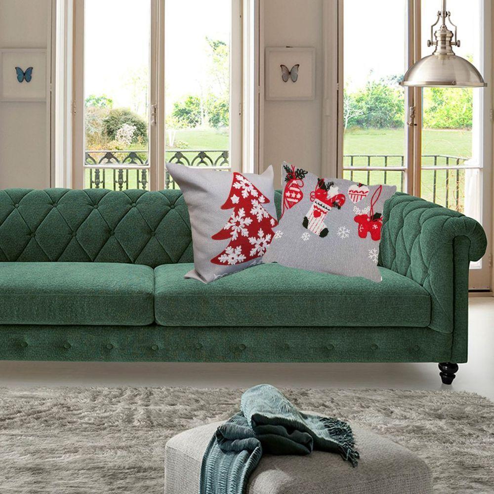 Jogo 4 Capas De Almofada Natalina Cinza Claro Brilho Bordado Felpudo Premium 45x45cm - Magizi - 2