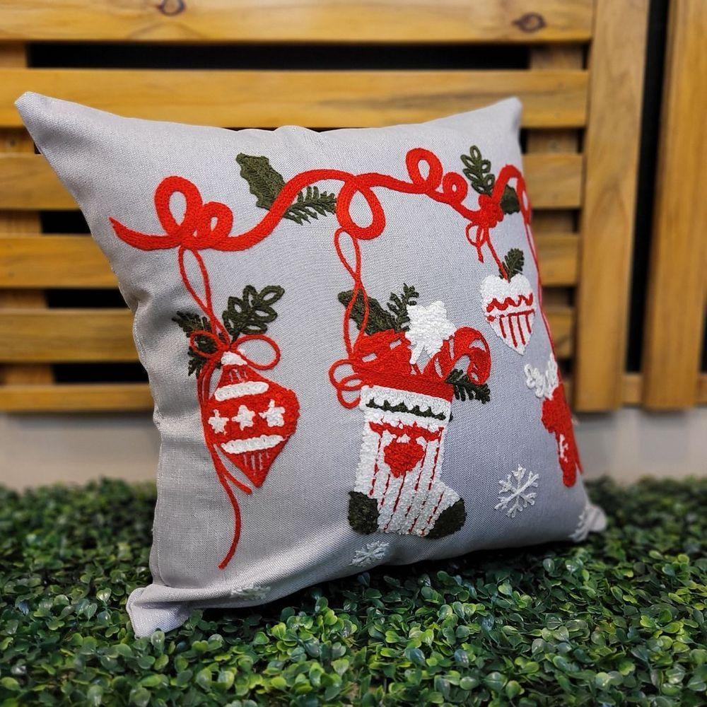Jogo 4 Capas De Almofada Natalina Cinza Claro Brilho Bordado Felpudo Premium 45x45cm - Magizi - 9