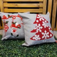 Jogo 4 Capas De Almofada Natalina Cinza Claro Brilho Bordado Felpudo Premium 45x45cm - Magizi - 8