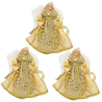 Kit 3 Anjos Decorativos Natal Pendente Luxo Lantejoulas Dourado 17cm - Noel Decor
