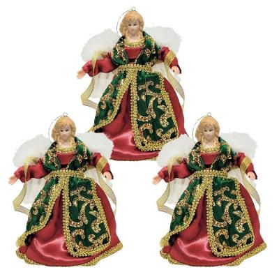 Jogo 3 Anjos Decorativo Natal Pendente Seda Luxo Vermelho E Verde 17cm - Noel Decor