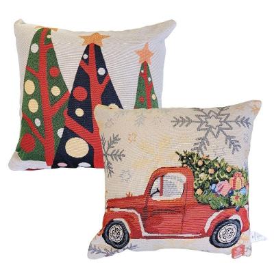 Jogo 2 Capas De Almofada Gobelin Natal 45x45cm árvores E Carro Vintage - Magizi