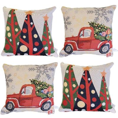 Jogo 4 Capas De Almofada Gobelin Natal 45x45cm árvores E Carro Vintage - Magizi