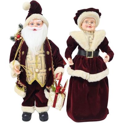 Jogo Casal Papai E Mamãe Noel Decorativo 50cm Casaco Luxo Vinho Detalhes Dourado - Noel Decor