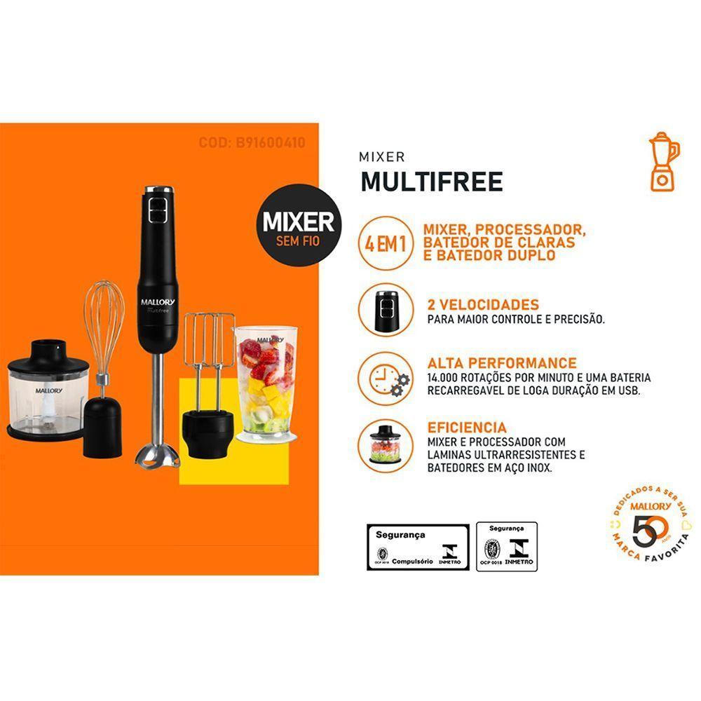 Mixer Mallory Multifree 4 em 1 Sem Fio 150W Preto com Prata Bivolt - 4