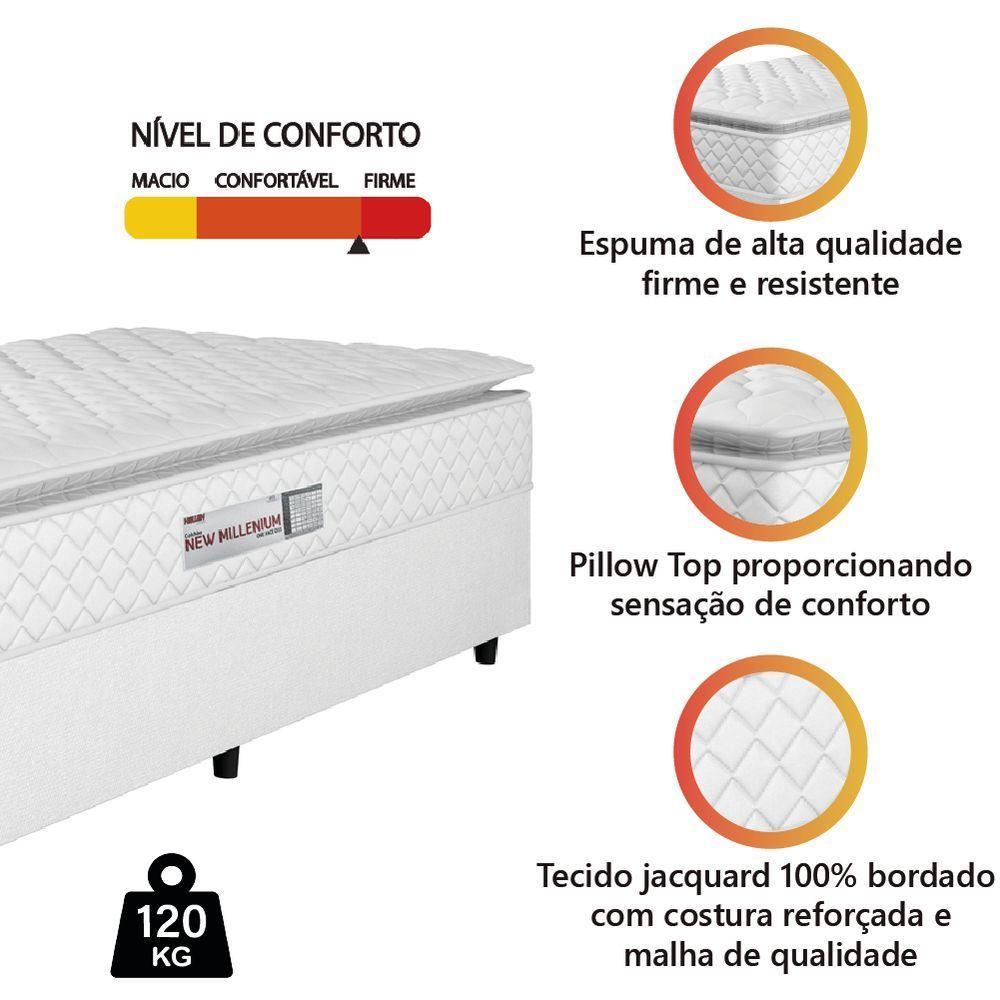 Cama Box Solteiro Colchão Espuma D33 Pillow Top New Millenium 88x188x57cm Branco Hellen – Suporta Até 120 Kg Por Pessoa - 2