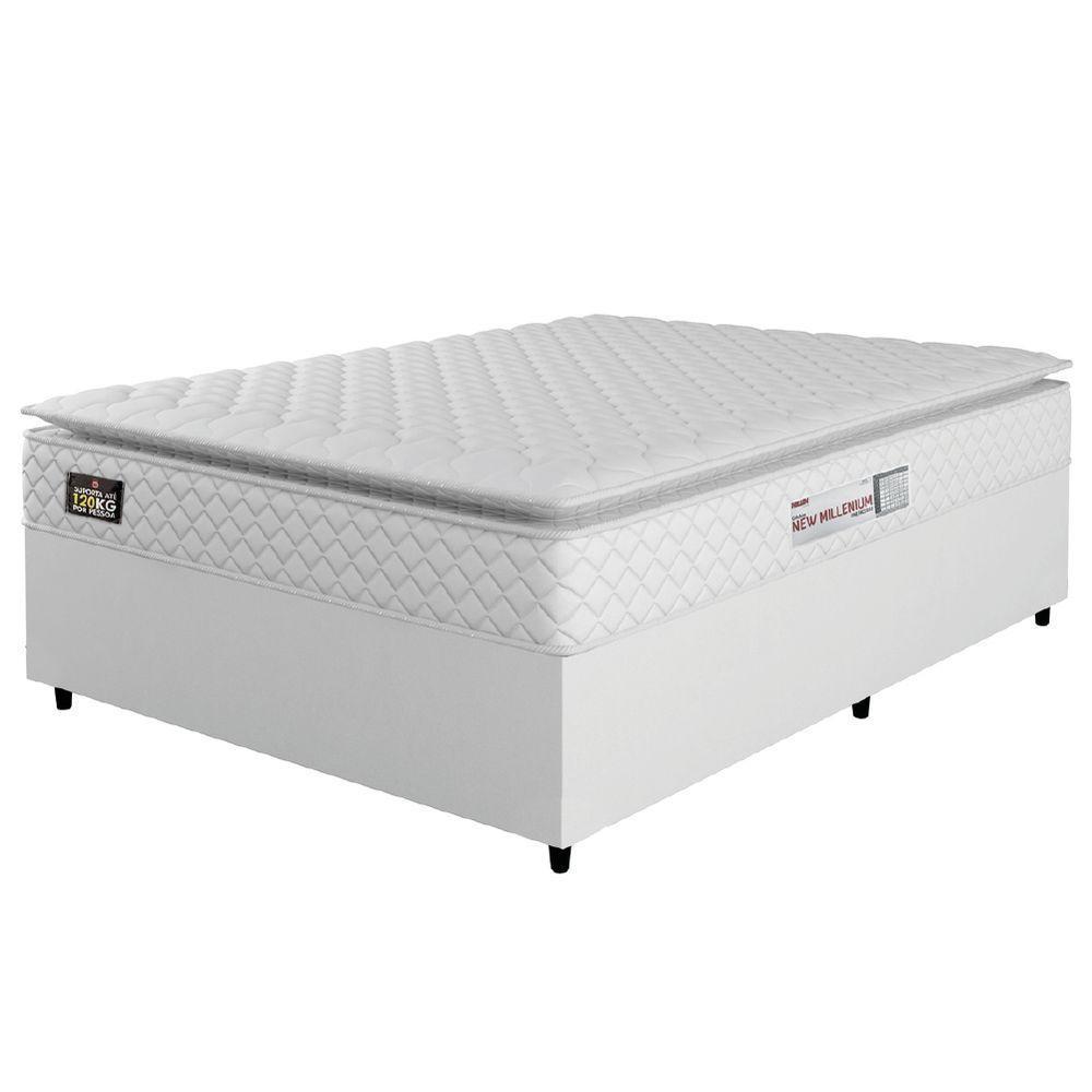 Cama Box Casal Colchão Espuma D33 Pillow Top New Millenium 138x188x57cm Branco Hellen – Suporta Até 120 Kg Por Pessoa - 1