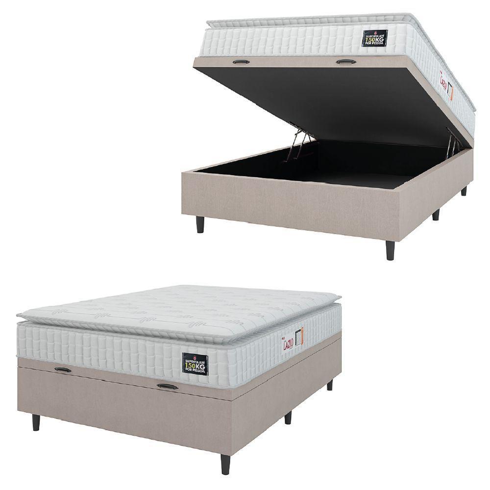Cama Box Baú Casal Colchão Espuma D45 Lazio Pillow Top 138x188x65cm Suede Branco Bege Hellen - 1