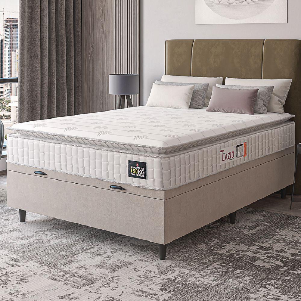 Cama Box Baú Casal Colchão Espuma D45 Lazio Pillow Top 138x188x65cm Suede Branco Bege Hellen - 6