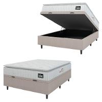 Cama Box Baú Casal Colchão Espuma D45 Lazio Pillow Top 138x188x65cm Suede Branco Bege Hellen - 1