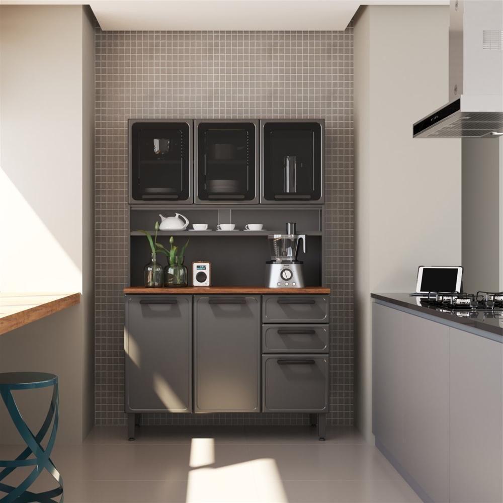 Cozinha Compacta De Aço 6 Portas 3 Vidros 2 Gavetas Bertolini Grafite - 2