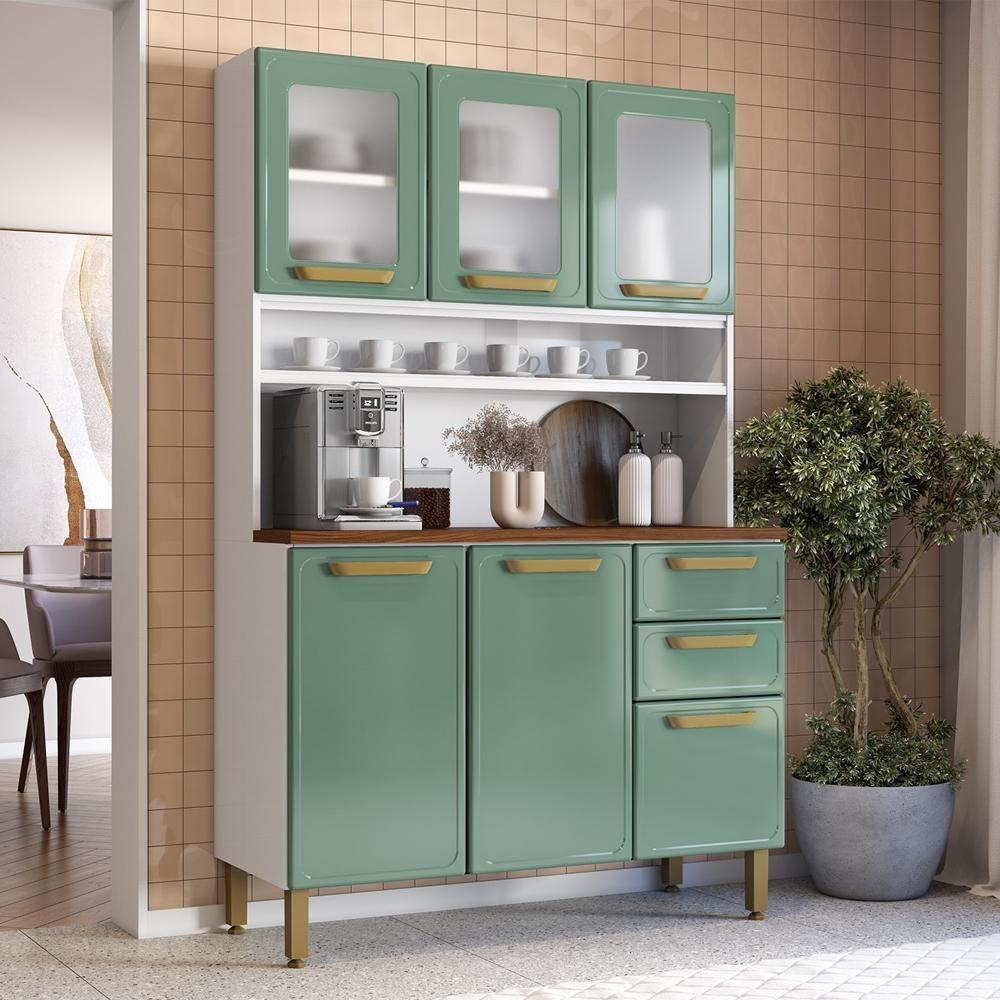 Cozinha Compacta De Aço 6 Portas 3 Vidros 2 Gavetas Bertolini Verde Branco - 1