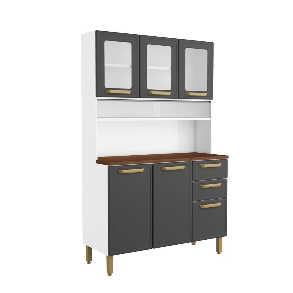 Cozinha Compacta Aço 6 Portas 2 Vidros 2 Gavetas Bella Bertolini Grafite Branco - 7