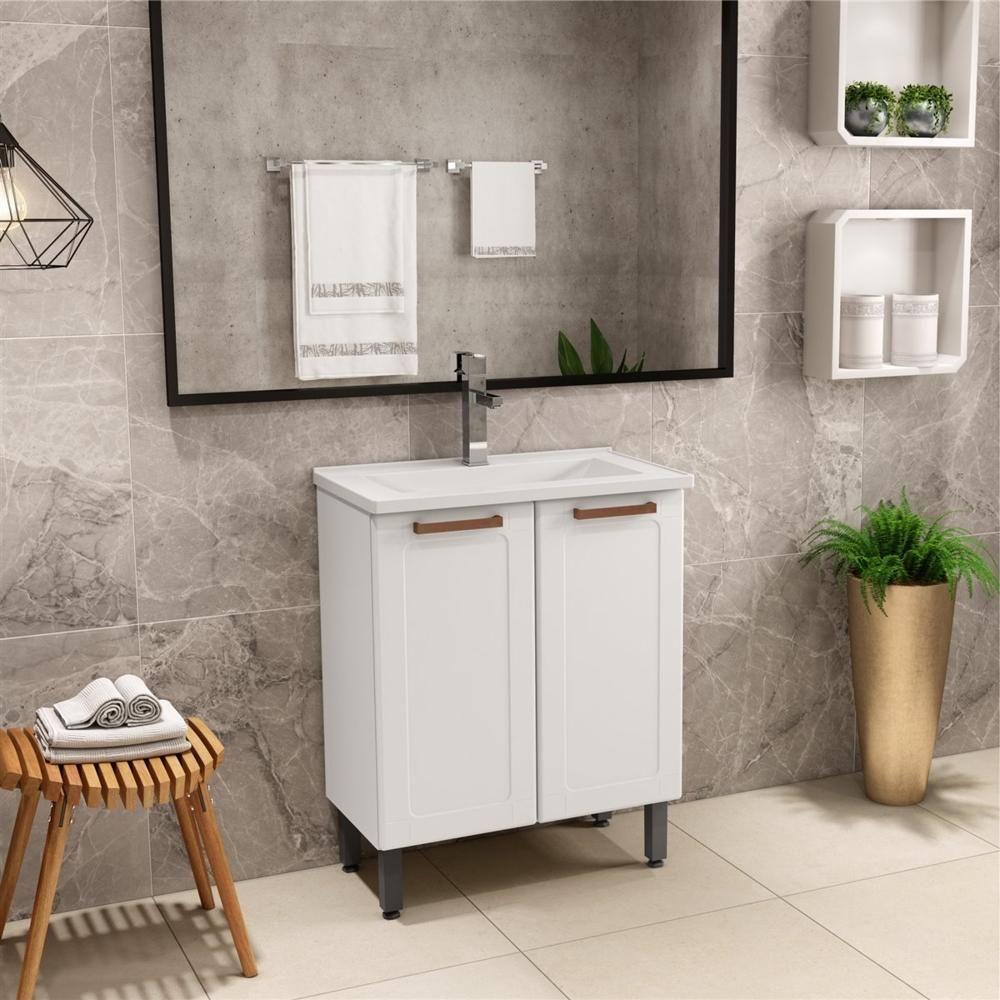 Balcão De Aço E Cuba Para Banheiro 2 Portas Branco Bertolini Branco - 5