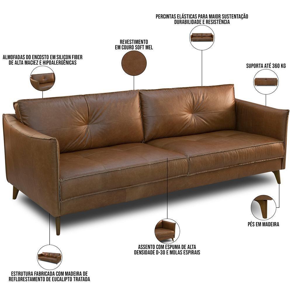 Sofá 3 Lugares Para Sala De Estar Living 244cm Oásis T03 Couro Soft Mel - Lyam Decor - 4
