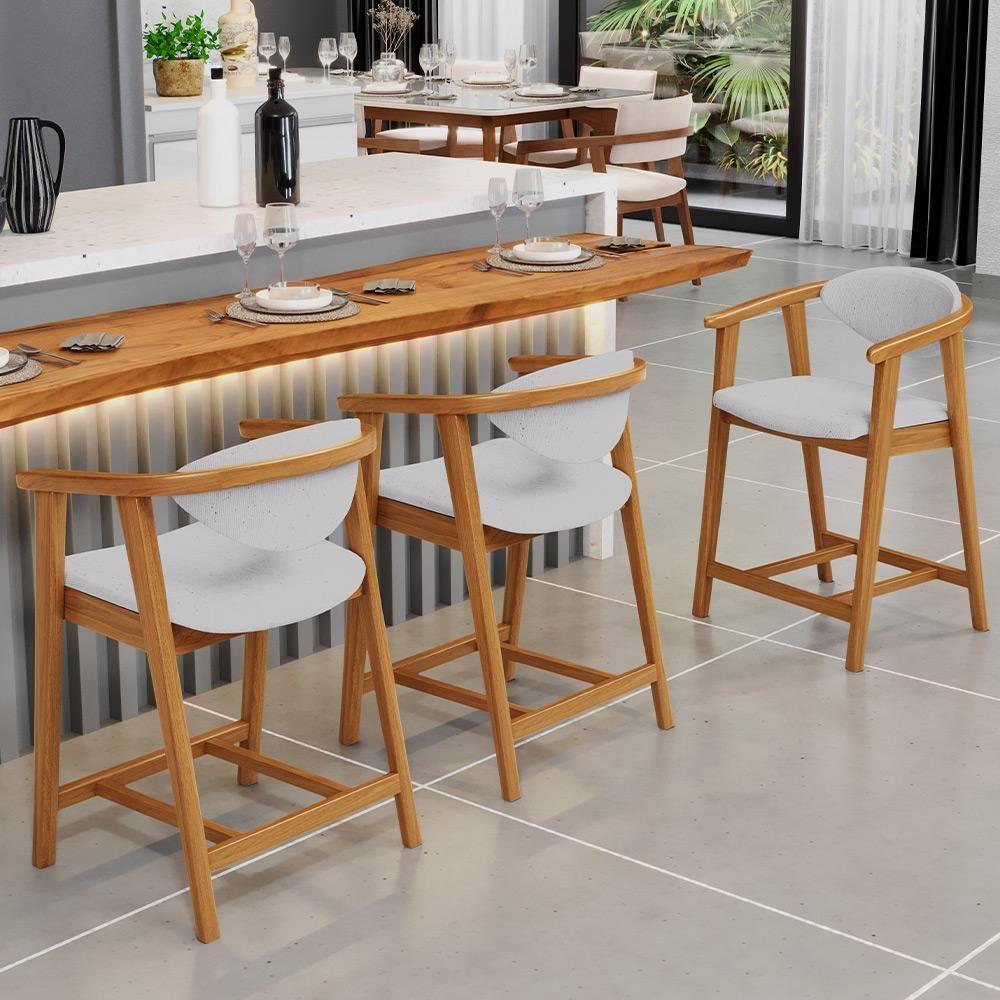 Kit 03 Banquetas Baixa Para Cozinha Sala Jantar Bancada Cecília L02 Linho Cinza - Lyam Decor - 6