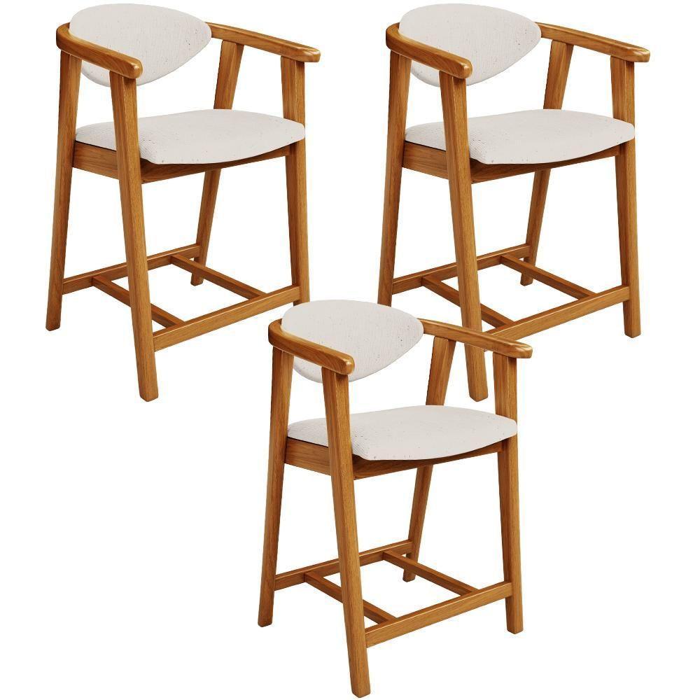 Kit 03 Banquetas Baixa Cozinha Sala De Jantar Bancada Cecília L02 Linho Cru - Lyam Decor - 1