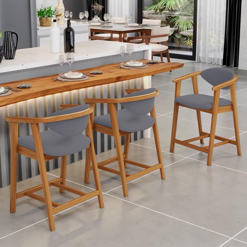 Kit 02 Banquetas Baixa Para Cozinha Sala Jantar Bancada Cecília L02 Suede Cinza - Lyam Decor - 6