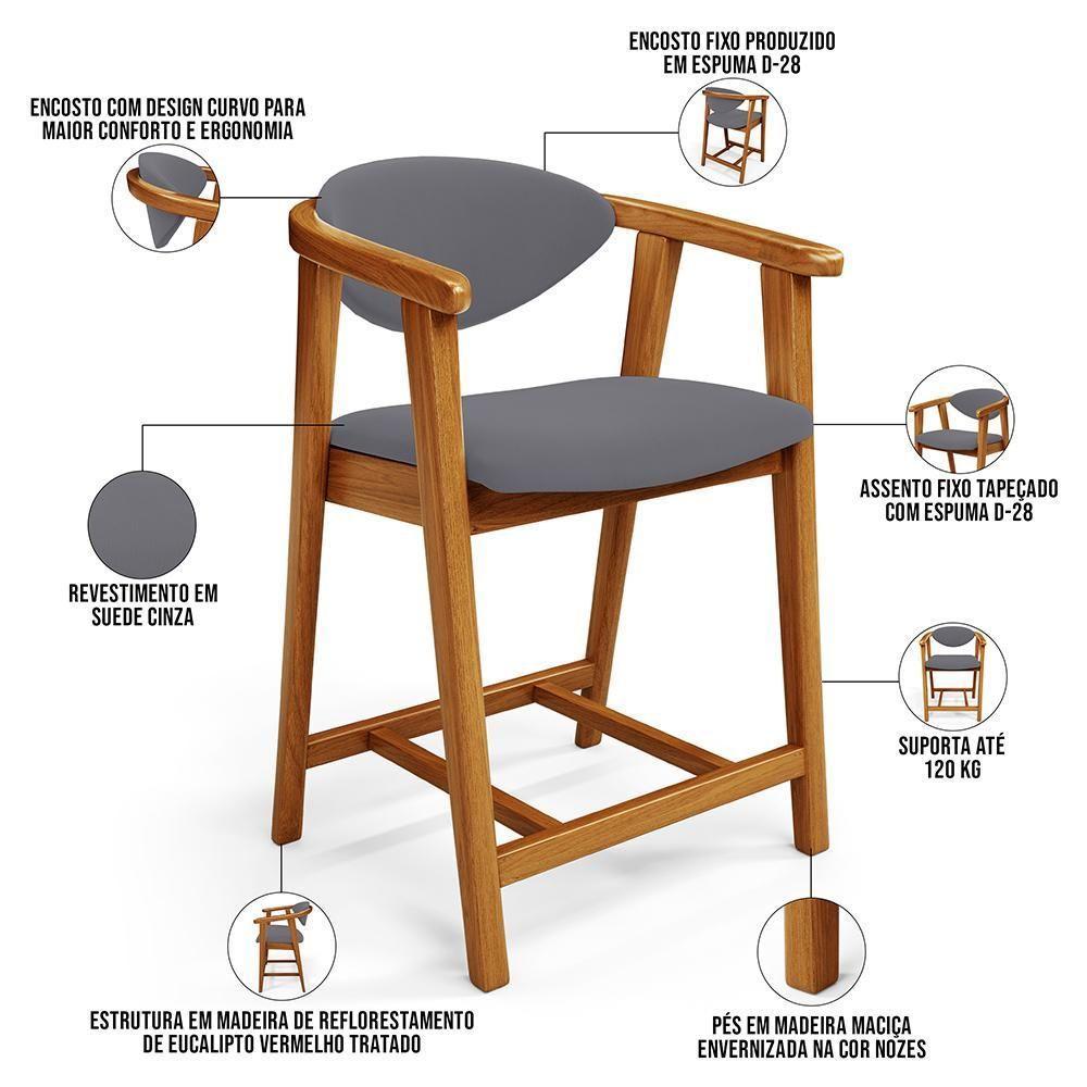 Kit 02 Banquetas Baixa Para Cozinha Sala Jantar Bancada Cecília L02 Suede Cinza - Lyam Decor - 7