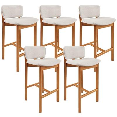 Kit 5 Banquetas Dara L02 Assento em Linho Estrutura em Madeira com Encosto Branco