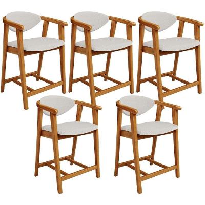 Kit 05 Banquetas Baixa Cecília L02 Bouclê Cru Estrutura Madeira com Encosto Assento Fixo Creme