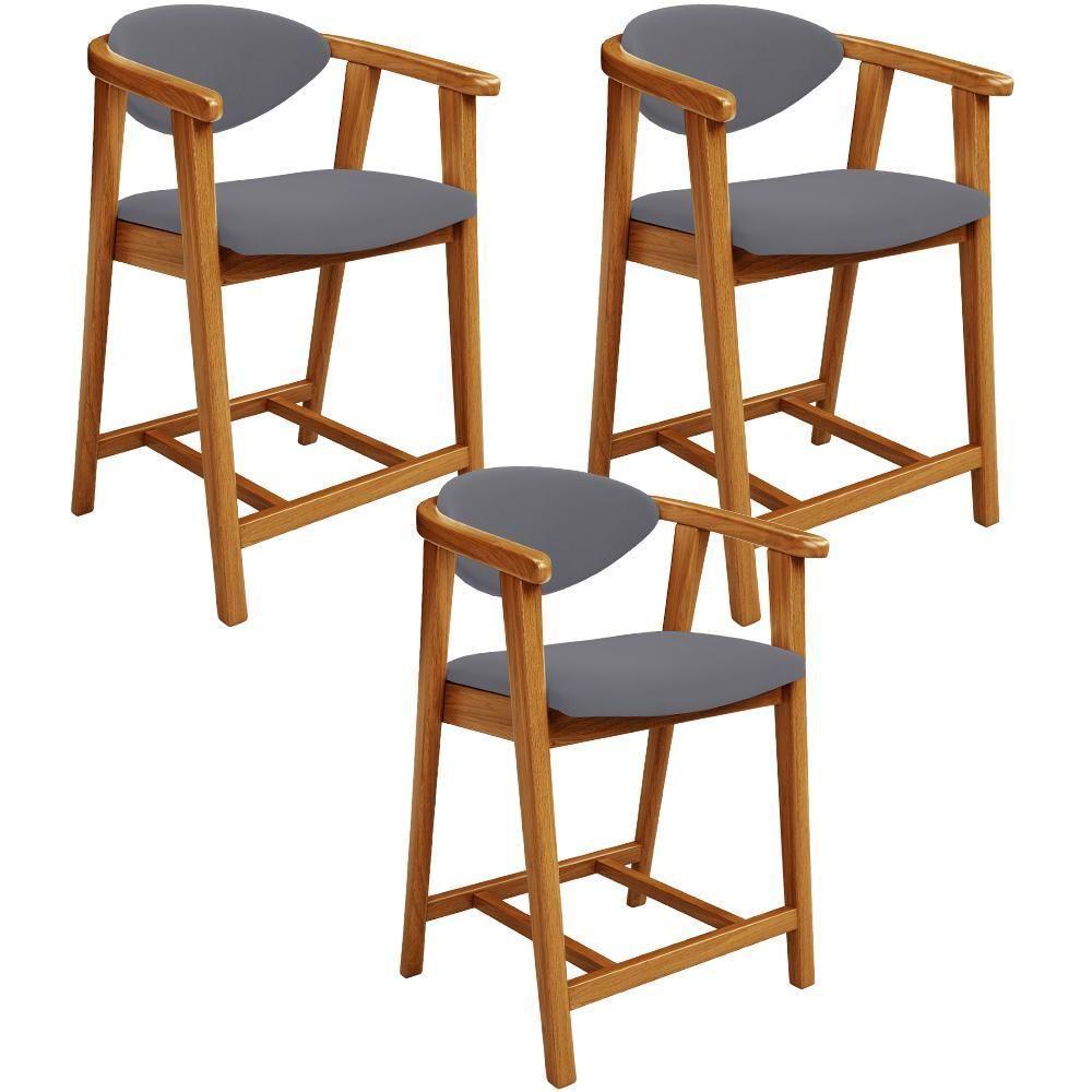 Kit 03 Banquetas Baixa Para Cozinha Sala Jantar Bancada Cecília L02 Suede Cinza - Lyam Decor - 1