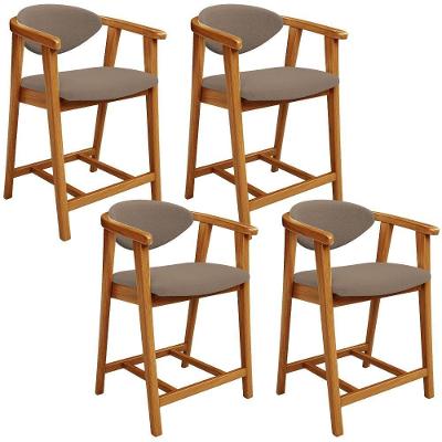 Kit 04 Banquetas Cecília L02 Bouclê Assento Estofado Base Madeira com Encosto 60 cm Bege