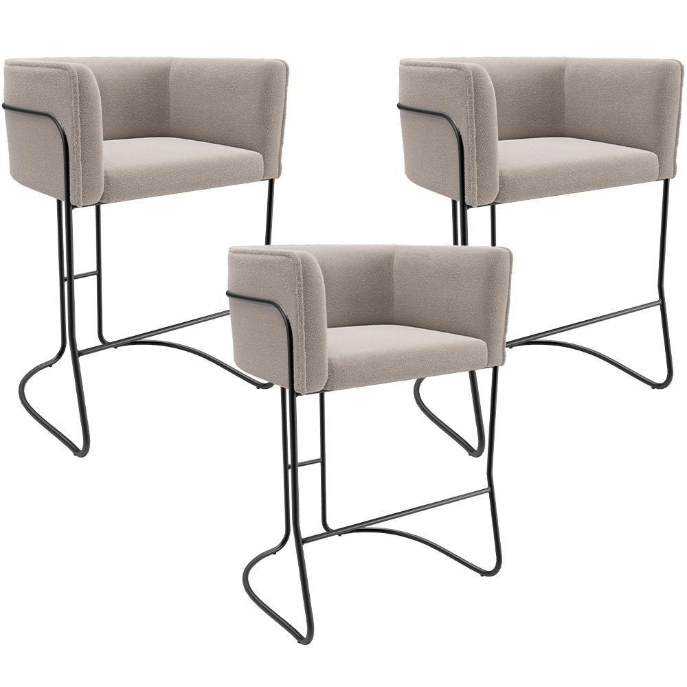 Kit 03 Banquetas Baixa Base De Aço Preto Betina D02 Bouclê Creme B-54 - Lyam Decor - 1